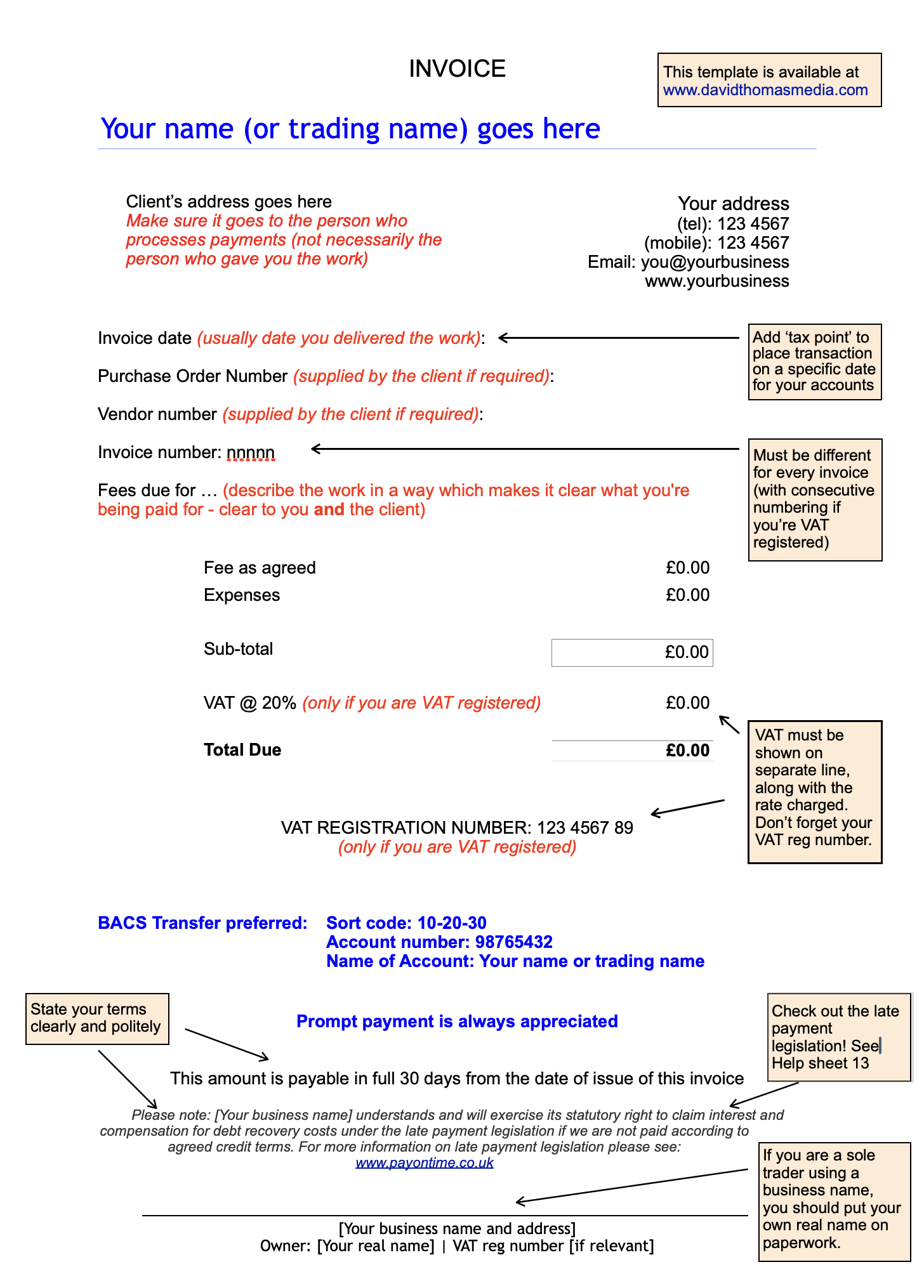 Invoice template with notes